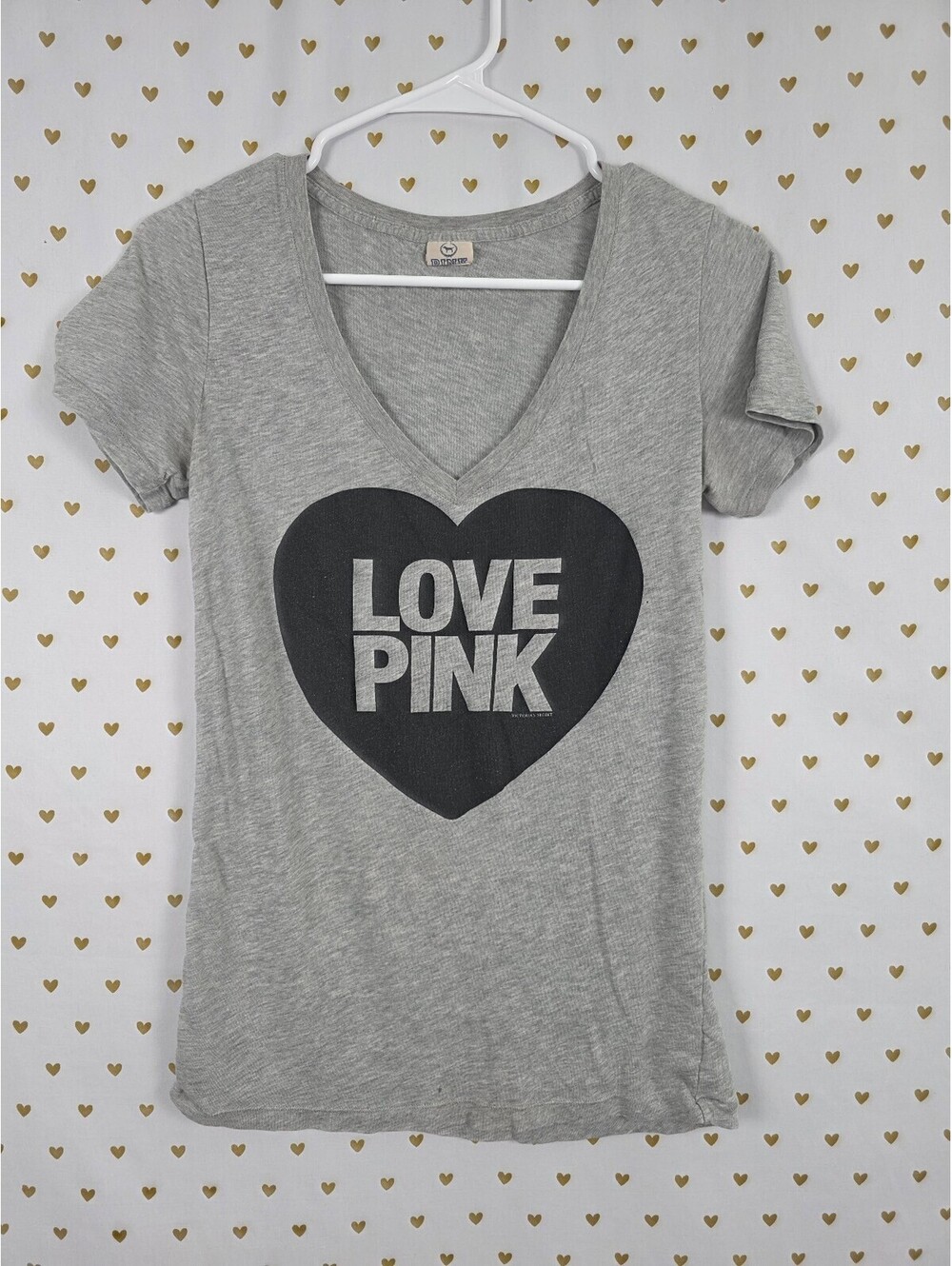 Victorias Secret PINK Grey V neck XS Logo Heart Tee shirt Vintage Y2k